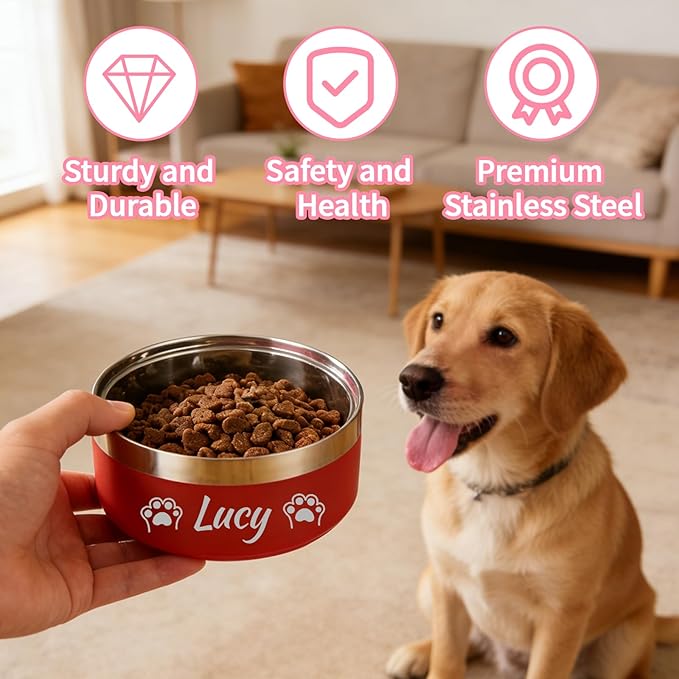 Personalized Dog Bowl with Name, Laser Engraved Stainless Steel Custom Dog Bowl, Durable Double Layer Anti-Slip Design Pet Water Bowl, for Pets
