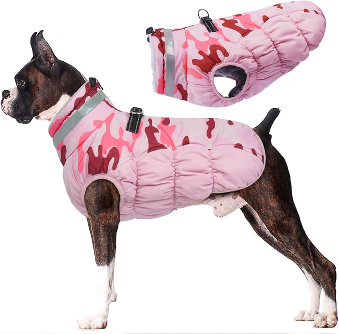 Lelepet Warm Dog Winter Coat Dog Coats for Large Dogs Waterproof Dogs Jacket with Harness Built in Reflective Cold Weather Coats Windproof Zip-Up Winter Fleece Vest Snowsuit Pitbull Pink Camo XXL