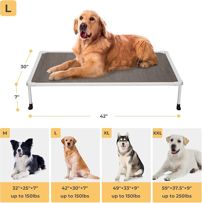 Veehoo Chewproof Elevated Dog Bed - Cooling Raised Pet Cot, Breathable Mesh, Washable & Non-Slip for Large Dogs, Indoor/Outdoor, Brown Mat and Silver Metal Frame, 42x30inches (Model CWC2203B03)