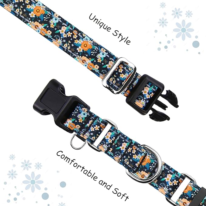Reflective Martingale Dog Collar with Buckle Soft Nylon Floral No Slip Dog Collars for Puppy Dogs (Black Orange Flowers, XS)