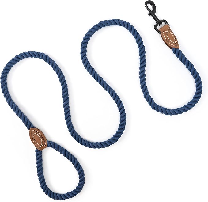 Mile High Life Dog Leash, Braided Cotton Rope Leashes with Leather Tailor Tip with Leather Tip - Heavy Duty Metal Clasp, 5FT, 1/2" Thick - Wedding, Walking Leash for Medium Large Dogs(Navy)