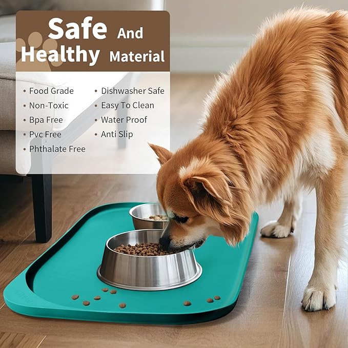 Silicone Pet Food Mat with Raised Edge for Food and Water Bowl, Dog Feeding Mats, Cat Food Trays for Floor Waterproof, Rubber Tray for Dogs and Cats, 22 x 14 x 0.8 Dark Turquoise