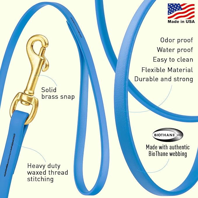Viper Biothane K9 Working Dog Leash Waterproof Lead for Tracking Training Schutzhund Odor-Proof Long Line with Solid Brass Snap for Puppy Medium and Large Dogs, 20ft Cerulean Blue