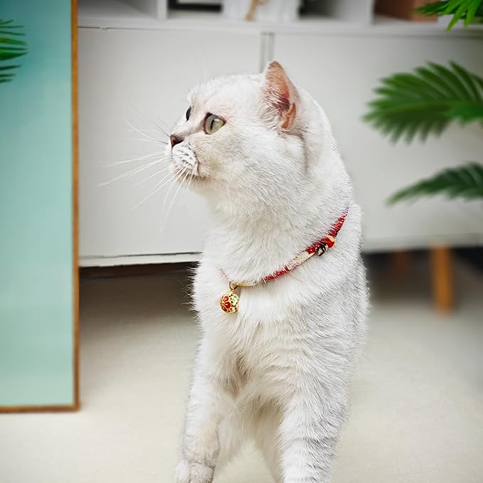 Breakaway Cat Collar. Japanese Plum Blossom Bell & Chic Kimono Design, Soft Adjustable Kitten Collar for Boys & Girls