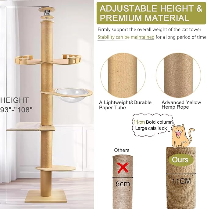 Floor to Ceiling cat Tree - Adjustable Height (95-98in,104.3-108.2in)- with Width 4.33 in Scratching Post,Cat Hammock,Fully Wrapped with sisal Rope - Heavy Duty cat Tree.(Holds 110 lbs)