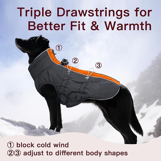 Medium Dog Winter Jacket, Warm Zip Up Snowsuit Dog Harness Vest, Reflective Water-Resistant Coat for Snow, Orange-Gray