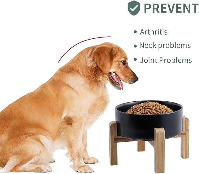 Black Elevated Dog Bowl Ceramic for Medium Large Sized Breed,Raised Dog Food Water Bowl with Stand,8 in 7.6 Cups Non Slip Pet Dish Heavy Weighted