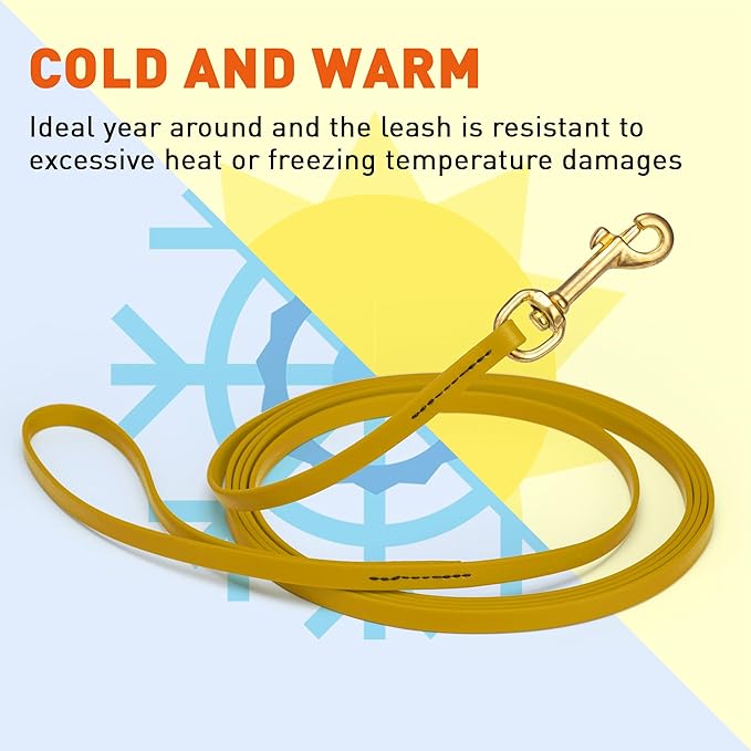 Viper Biothane K9 Working Dog Leash Waterproof Lead for Tracking Training Schutzhund Odor-Proof Long Line with Solid Brass Snap for Puppy Medium and Large Dogs, 20ft Treasure Gold