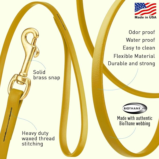 Viper Biothane K9 Working Dog Leash Waterproof Lead for Tracking Training Schutzhund Odor-Proof Long Line with Solid Brass Snap for Puppy Medium and Large Dogs, 33ft Treasure Gold