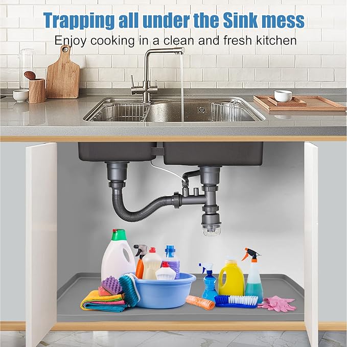 Under Sink Mat for Kitchen Waterproof, 19" x 19" Silicone Under Sink Liner Kitchen & Bathroom Cabinet Protector Mats, Heavy Duty Flexible Under Sink Drip Tray with Lip, Cool Grey