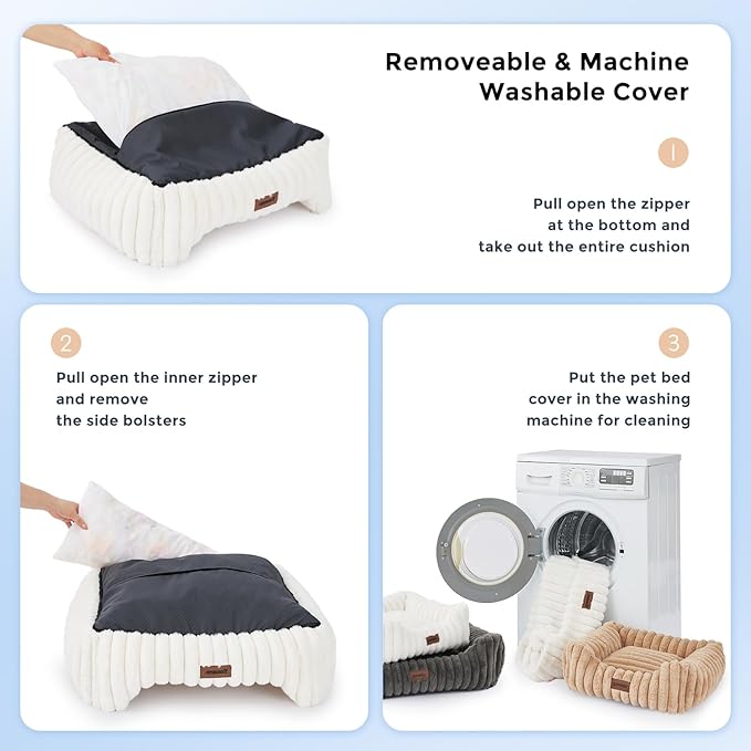 Small Dog Beds for Small Dogs - Washable Cat Beds for Indoor Cats, Rectangle Orthopedic Puppy Bed with Fluffy Removable Cover, 20x19x7inches, Cream