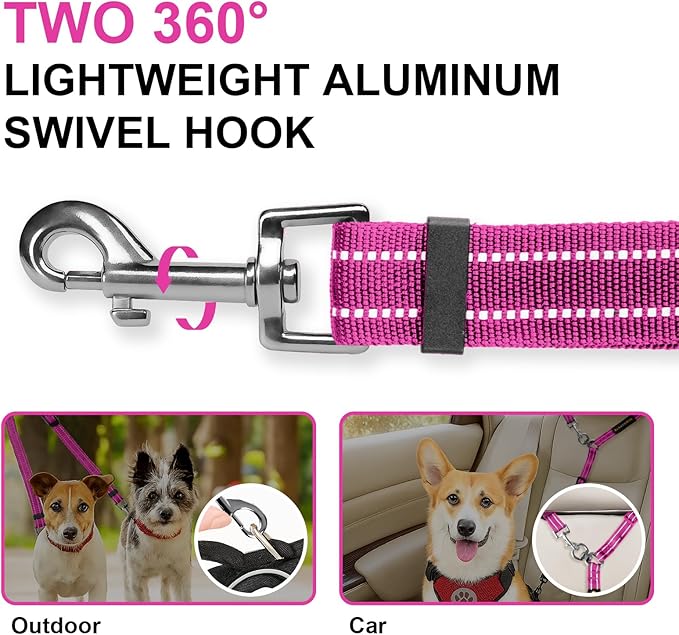 MingXpet Double Dog Leash for Two Dogs, No Pull Dog Leash, 360° Swivel No Tangle for Medium Dogs Walking & Training, Shock Absorbing Reflective Bungee, Rose