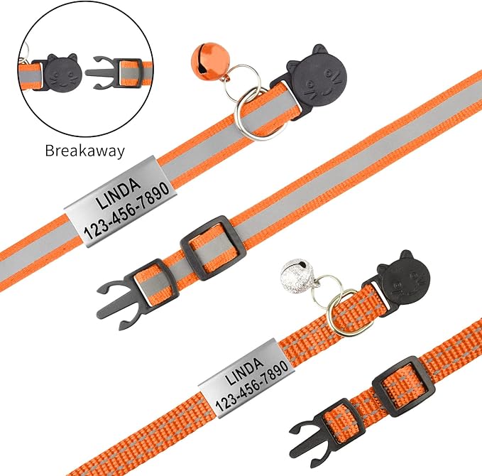 Cat Collar Personalized - Breakaway Reflective Cat Collar with Bell-Custom Cat Collars Engraved with Name and Phone, Adjustable for Cats and Kitten