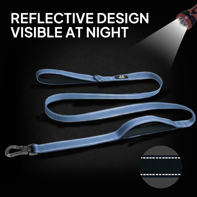 TwoEar 4FT 1IN Strong Dark Blue Dog Leash with 2 Padded Handles, Traffic Handle Extra Control, Comfortable Soft Dual Handle, Auto Lock Hook, Reflective Walking Lead for Small Medium and Large Dogs