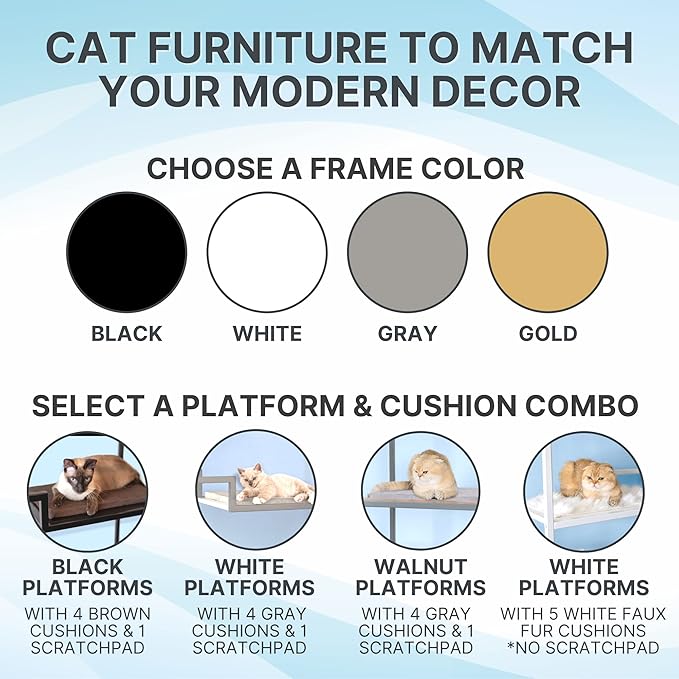 The Refined Feline 62 Inch Tall Metropolitan Cat Condo, White Metal Frame Cat Tower, Multi-Level Modern Cat Tree for Indoor Cats, Brown Platforms with Gray Replaceable Cushions & Scratching Post