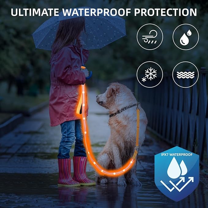 PetIsay Light up Dog Leash for Night Walking - USB C Rechargeable - Waterproof - Dog Leashes with Flashlight - LED Leash for Dogs - 6Ft, Pink