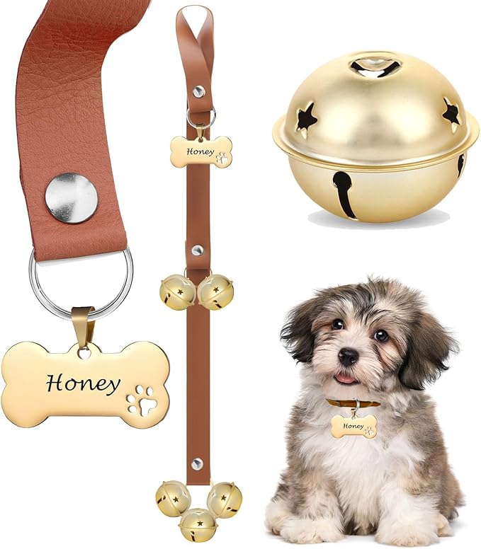Leather Dog Bells, Puppy Potty Training Bell Dog Doorbell Potty Train Dog Bell for Potty Training Door Bells for Dogs to Ring to Go Outside Jingle Bells (Leather Brown, Bone 1 PCS)