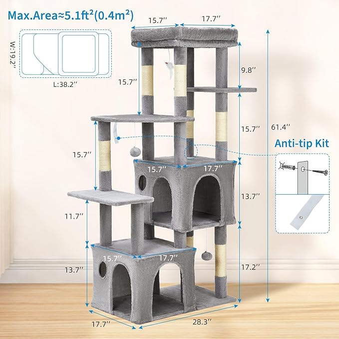 Cat Tree - 157cm Tall, Sisal Wrapped Scratching Post, Cat Nest, Hanging Ball, Extended Platform