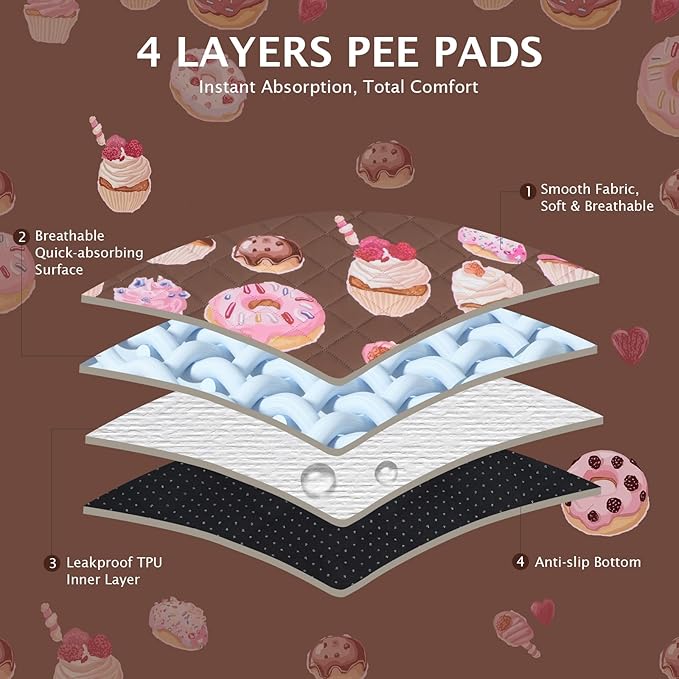 IEUUMLER Washable Pee Pads for Dogs, 1 Pack Cake Pattern Reusable Waterproof Puppy Potty Pads, Non-Slip Absorbent Pet Training Pads for Playpen Crate Bed EU015 Coffee Cake, 48x48