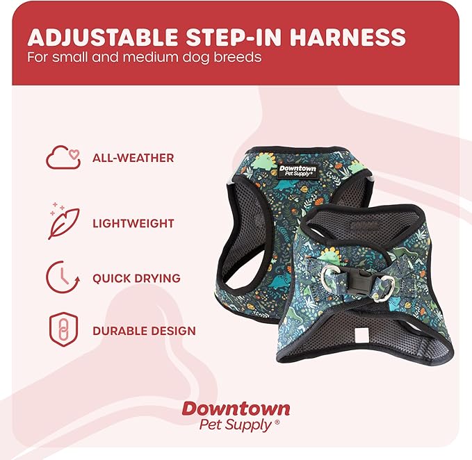 Downtown Pet Supply Step-in Dog Harness – No Pull, Adjustable Padded Mesh with Reflective Trim, Secure Buckle Strap – Comfortable & Breathable Small Dog Harness, Medium, Dinosaur