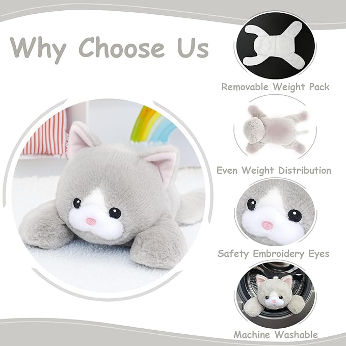 WEIGEDU Weighted Cat Stuffed Animal Plush Toy with Embroidered Eyes and Removable Weight Pack - 28 Inches, 5 lbs for Kids and Adults