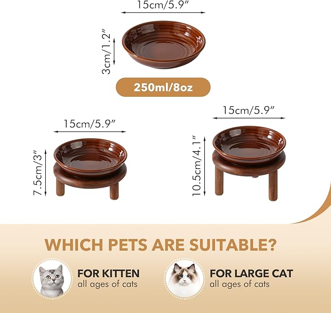 2 Sets of Elevated Ceramic Cat Dish, Wide Whisker Friendly Anti-Slip Food & Water Bowl with 2 Heights Adjustable Acacia Wooden Stands(2 Dishes +2 Stands, Caramel Brown)