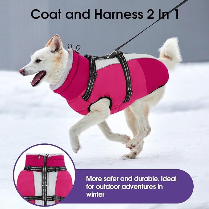 SUNFURA Dog Coat, XXXL Dog Jacket with Harness Built in, Waterproof Pet Winter Coat Snowsuit with Zip, Reflective Fleece Jacket for Extra Large Dogs, Great Dane, Hot Pink 3XL