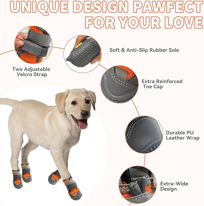 Dog Booties,Waterproof Dog Shoes for Large Medium Small Dogs,Suitable for Summer Hot Pavement,Adjustable Non-Slip Rubber Paw Protector (Orange, #8 (Width 3.0 inch) for 74-91 lbs)