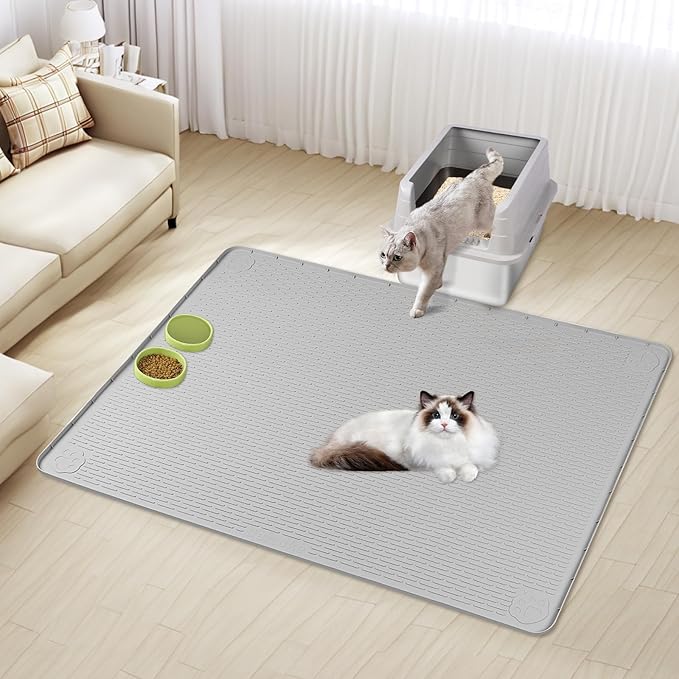 Cat Litter Mat, XL Extra Large 57" x 40" Silicone Mat Litter Trapping Mat for Scatter Control, Soft on Kitty Paws, Easy to Clean (Light Grey)