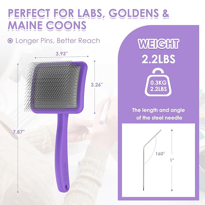 Large Long Pin Slicker Brush & Comb for Poodles, Goldendoodles & Cockapoos, Long Hair Dogs & Cats, Detangler Brush for Shedding & Matted Fur, Ergonomic Wooden Handle, Leather Sleeves. Purple