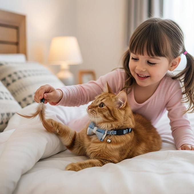 2 Pcs Cat Collar with Bells, Adjustable Breakaway Bow Tie for Shorthair Cat, Chihuahua Ect., Cute Pet Collar for Kitten, Puppy & Small Pets (Blue & White Plaid)