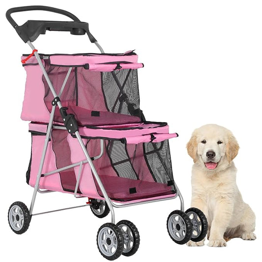 FDW 4 Wheels Pet Stroller Dog Cat Carriers Bag Lightweight Waterproof Folding Jogger Double Stroller with Cup Holders,Pink