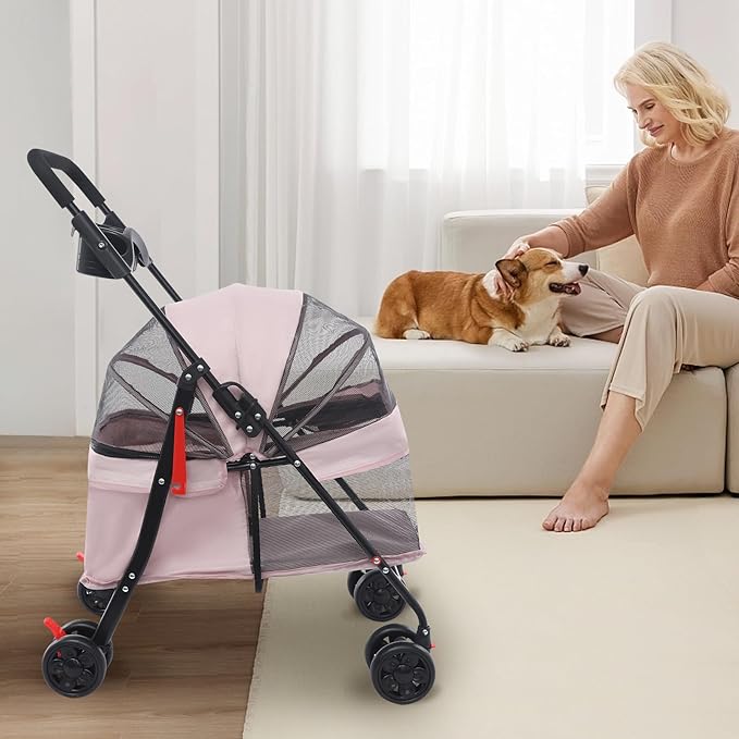 Foldable Pet Stroller with Mesh Windows, 40lbs Capacity Pet Carrier Cart with Locking Wheels, Breathable Cat & Dog Stroller for Small Animals, Foldable Pet Travel Cart for Outdoor (Pale Pinkish Grey)