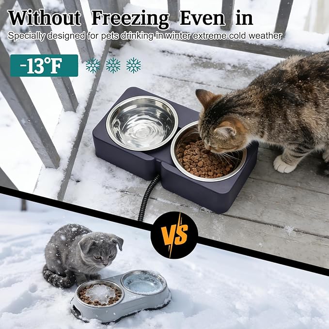 Heated Pet Bowl for Outdoor Cats & Dogs in Winter, Anti-Freeze Food & Water Pet Dual Bowl with Chew-Resistant Cord, Waterproof for Winter Feeding, 20.3oz Each