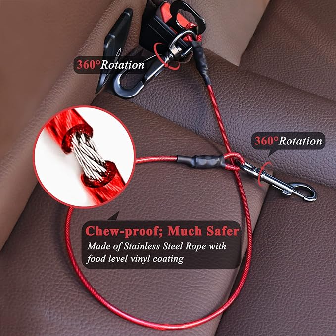 VIVAGLORY Dog Seat Belt Tuffbelt Dog Car Harness, Seatbelt with Clip & Hook for Car Travel, Chew Proof Anti Chew Unchewable Metal Safety Tether Restraint, M, Red