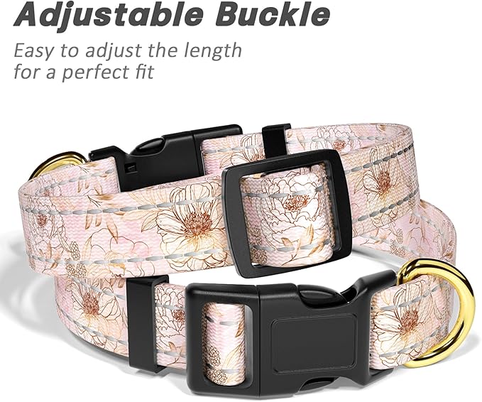 Reflective Dog Collar for Medium Dogs, Cute Flower Theme Adjustable Heavy-Duty Nylon Puppy Collar for Boy and Girl Female, Soft Pet Accessories with Quick Release Buckle, Neck 14-20", Pink