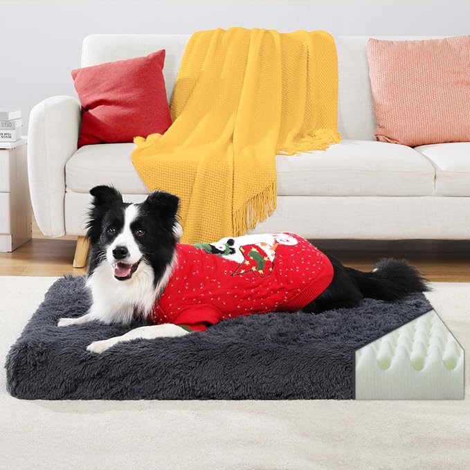 Orthopedic Dog Beds Medium/Large Sized Washable Removable Cover, Plush Dog Bed Waterproof Lining NonSkid Bottom, Crate Foam Pillow Mattress Fluffy Anti Anxiety Pet Pad 35x23 Inch, Dark Grey