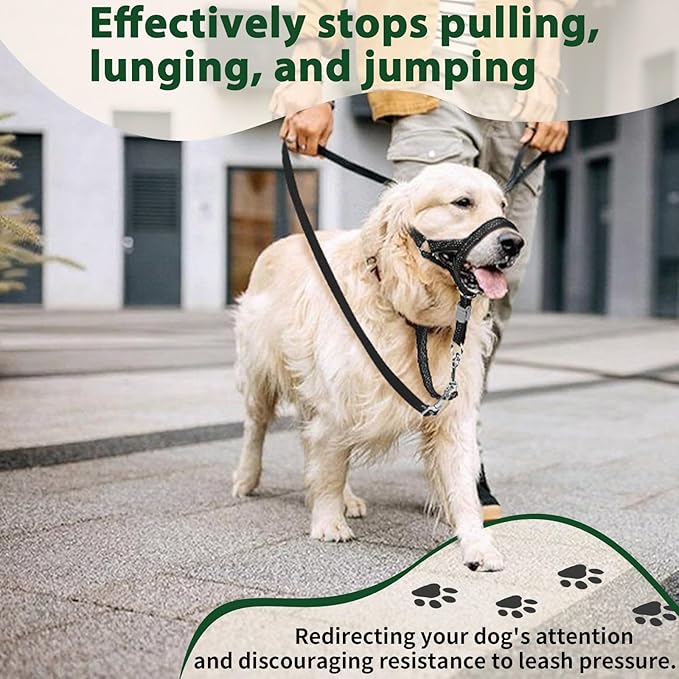 BARKLESS Sturdy No Pull Head Collar for Medium Large Dogs, Gentle Reflective Head Halter with Safety Link, Adjustable Nylon Dog Training Muzzle Leash for Walking Control (Green, XXL)