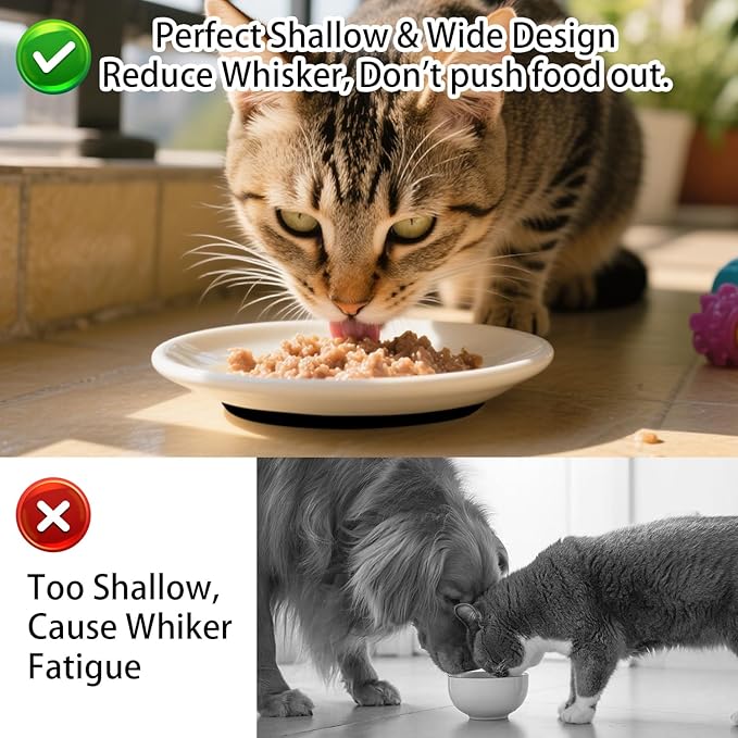 Cat Food Bowl Set of 3, Ceramic Cat Bowls, Anti Whisker Fatigue Cats Bowl Set,5.9 Inches Shallow Wide Kitten Plates with Silicone Base for Wet/Dry Food, Indoor Pets(Paw)