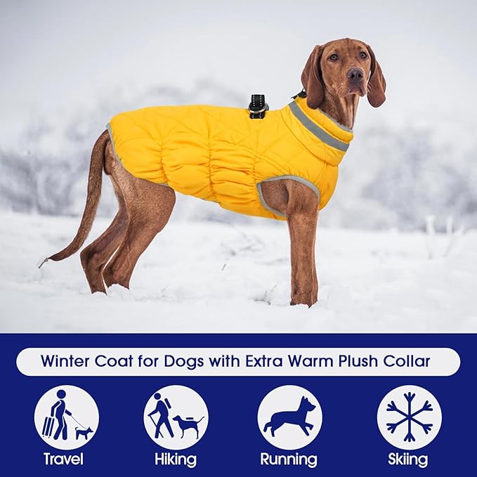 FUAMEY Dog Coat for Medium Dogs,Waterproof Dog Winter Jacket with Harness Built in Puppy Cold Weather Coats Reflective Pet Vest with Zipper Warm Fleece Dogs Snowsuit Windproof Yellow M
