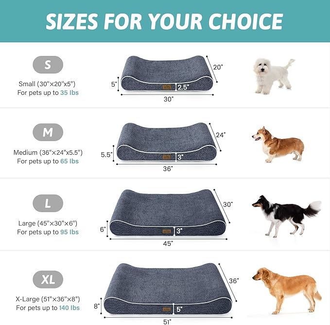 Orthopedic Dog Bed for Large Dogs up to 90 lbs - Removable Washable Cover with Waterproof Lining & Non-Skid Bottom, Cotton-Polyester Blend Boat-Shaped Lounger Mattress, L(45x30x6in), Blue