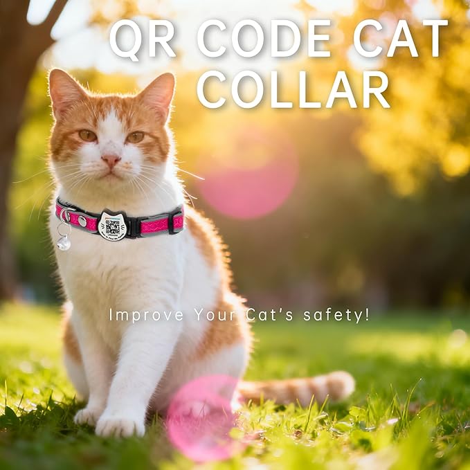 Cat Collar with Bells Reflective Cat Collars Breakaway with Oxford Cloth Soft Padding Adjustable Kitten Collar with QR Code（Hotpink）