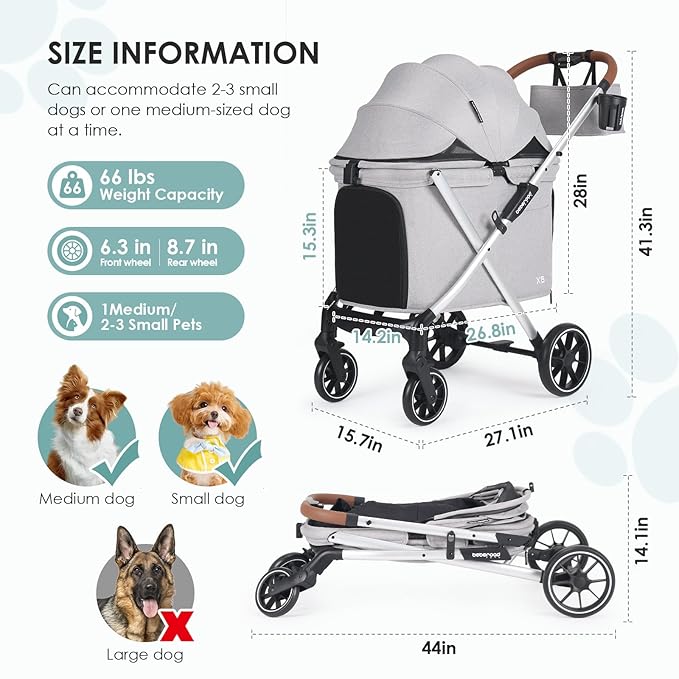 Beberoad Pets X6 Luxury Dog Stroller for Medium Dogs, All-Terrain Foldable Dog Stroller with 180° Canopy, 4-Wheel Shock Absorption (Grey)