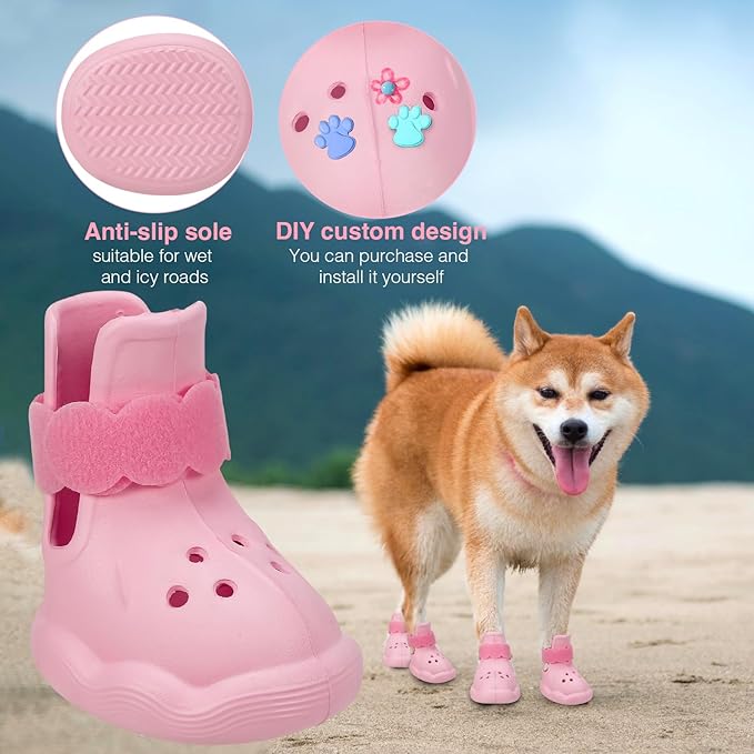 Dog Shoes for Hot Pavement and Snow – Waterproof, Non-Slip, Breathable Booties with Adjustable Straps for Hot Summer Roads & Winter Snow (Pink, L)