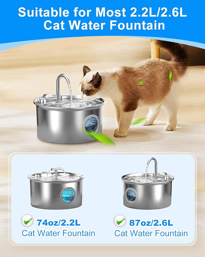 MyfatBOSS Cat Water Fountain Filters Compatible with 74oz/2.2L Compatible with 87oz/2.6L Stainless Steel Cat Water Fountains, 6 Carbon Filters + 6 Ultra-fine Fiber for Clean & Fresh