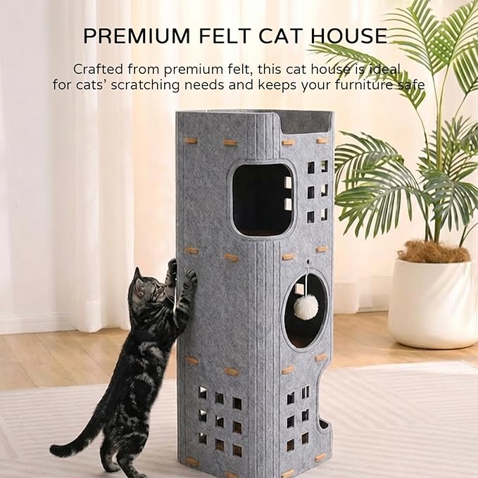 3 Storey Cat House for Indoor Cats,Foldable Large Cat Beds with Felt,Scratch Resistant,Cat Condos with Fluffy Balls,Cat Castle with Hideway Tunnel,Cat Playhouse for Multicats (Light Grey)