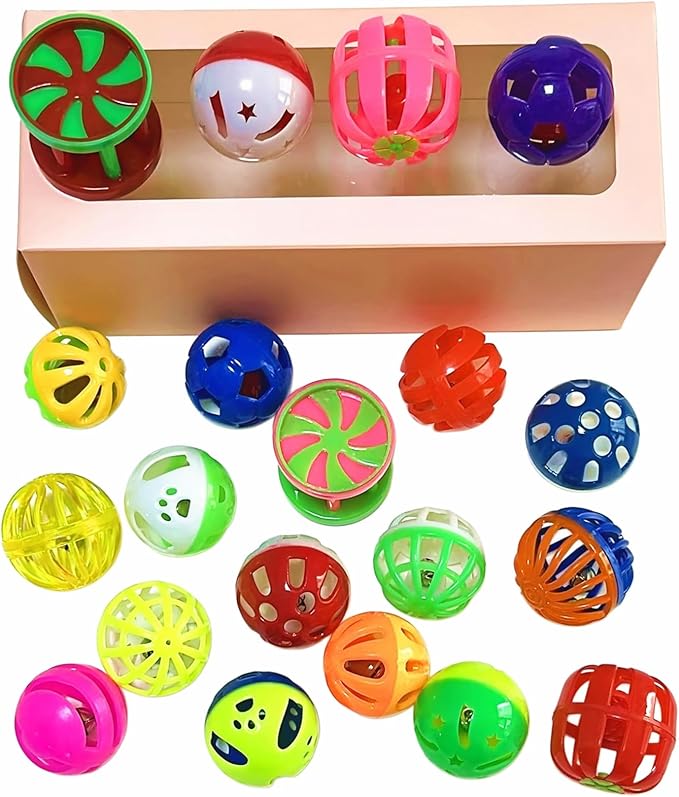 PETFAVORITES Cat Jingle Balls Toys 20Pcs 10 Styles 1.5" Plastic with Bells - Indoor Kitten Rattle Toy, Gift Box for Safe Play, Training & Interactive Fun