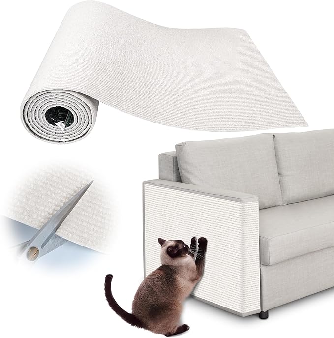 Cat Scratch Furniture Protector - 78.7" x 15.8" Trimmable Self-Adhesive Cat Claws Scratch Pads, Sisal DIY Climbing Couch Protector for Scratch Post Cat Tree Replacement Indoor (Cream White)