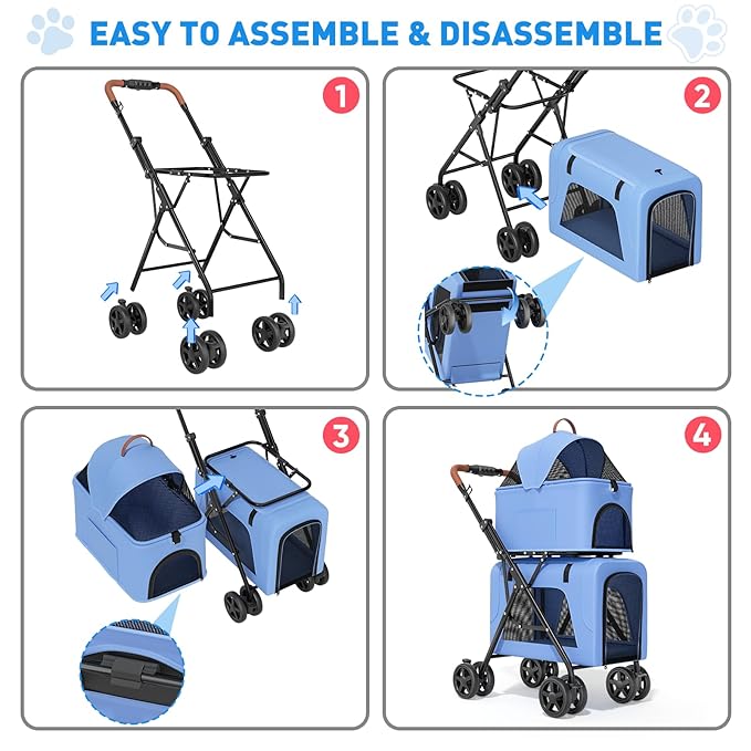 Magshion Foldable Double Pet Stroller for 2 Small & Medium Dogs and Cats, Detachable Top & Bottom Carriers, Breathable Mesh, One-Click Fold, Cat Stroller with No Zip Entry