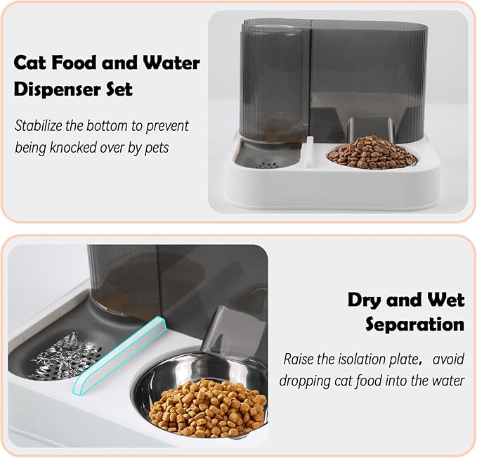 MUYG Automatic Gravity Cat Feeder with Stainless Steel Food Bowl, 2 in 1 Cat Feeder and Water Dispenser Combo Detachable Pet Water and Food Dispenser Set for Puppy Kitten Small Dog(Gray)